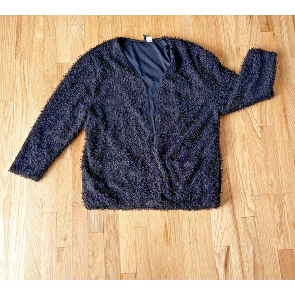 Womens Open Cardigan Sweater Size L Pockets Plush Teddy Knit‎ Black Classic warm - Picture 1 of 6